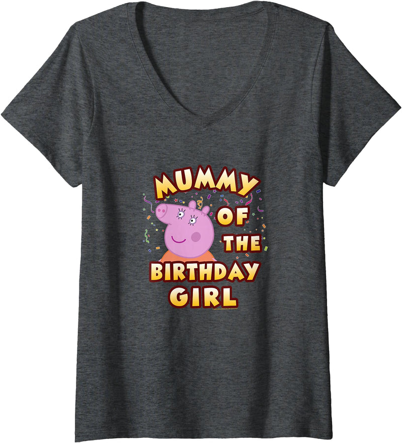Womens Peppa Pig Mummy of The Birthday Girl V-Neck T-Shirt Small - Dark Heather Grey