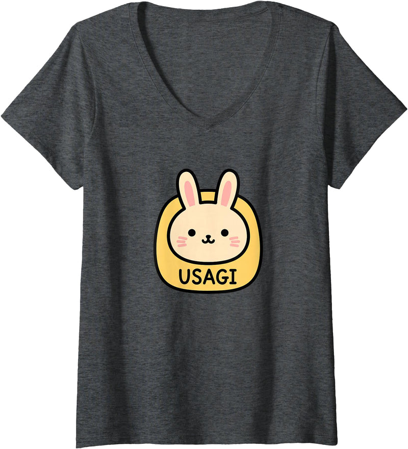 Women's Usagi Cute Rabbit Woodland Animals Kawaii Bunny V-Neck T-Shirt in Dark Heather Grey