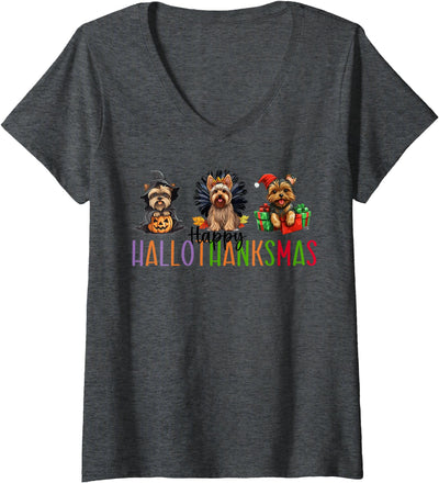 Yorkie Christmas Halloween Thanksgiving Dog Happy HalloThanksMas Yorkie, Yorkshire Terrier Holiday V-Neck T-Shirt