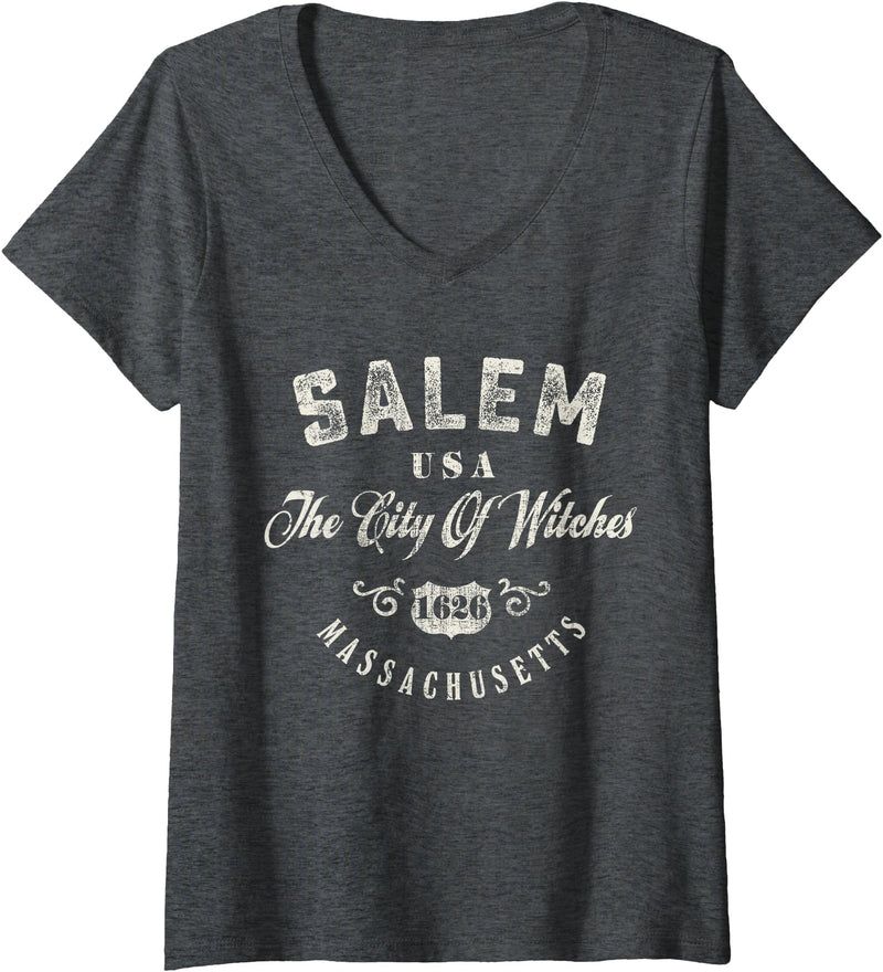 American City Womens Salem The City Of Witches Massachusetts Vintage V-Neck T-Shirt - Dark Heather Grey