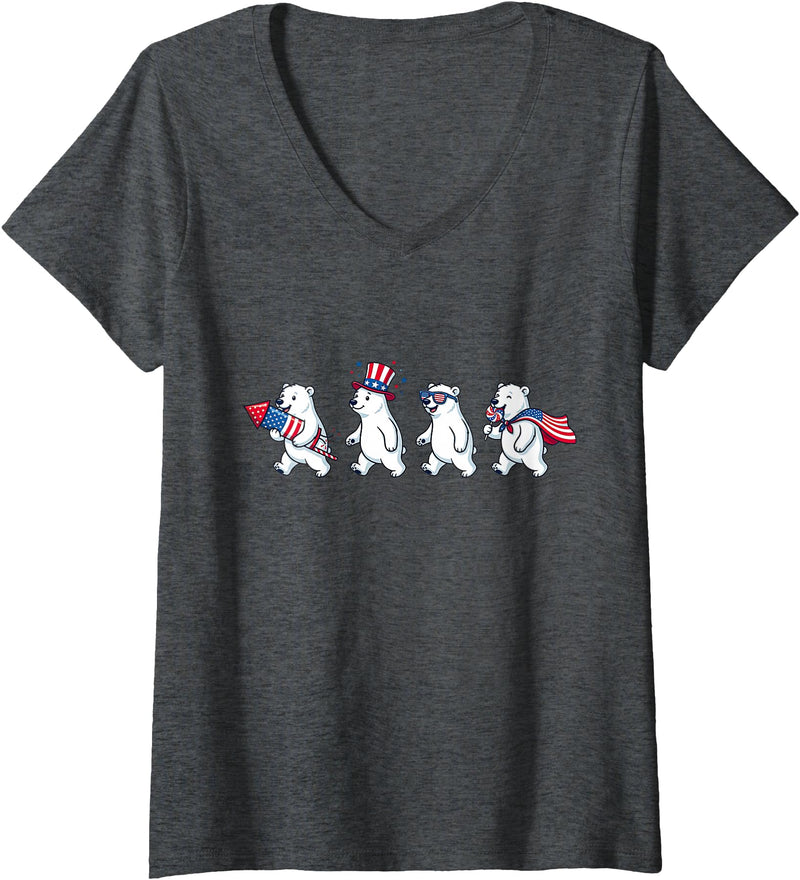 Polar Bear Lover Patriotic Veterans Day Costume Women's Funny Polar Bear American USA Flag 250 Years 4th of July V-Neck T-Shirt - Dark Heather Grey