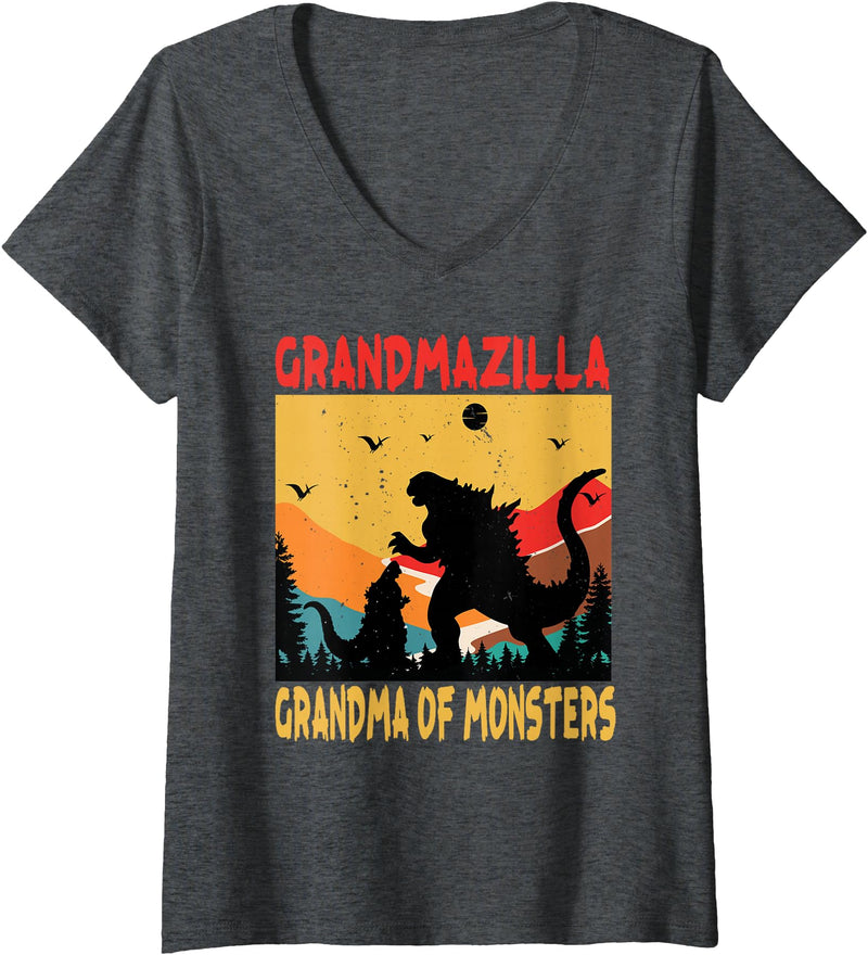 Grandma Halloween Designs Women's Grandmazilla Grandma Of Monsters Women Halloween Christmas V-Neck T-Shirt - Dark Heather