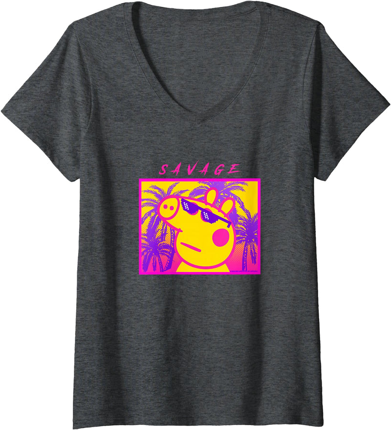 Womens Peppa Pig Savage Portrait V-Neck T-Shirt - Dark Heather Grey