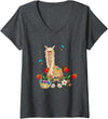 Easter Lama, Llama Lover Womens Lama, Llama With Easter Eggs Basket V-Neck T-Shirt - Dark Heather Grey