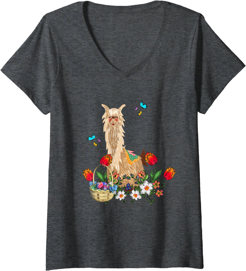 Easter Lama, Llama Lover Womens Lama, Llama With Easter Eggs Basket V-Neck T-Shirt - Dark Heather Grey