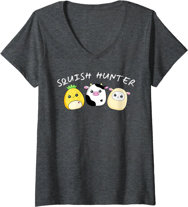 Funny anime designs Womens Squish hunter cute animals pineapple cow lamb V-Neck T-Shirt - Dark Heather Grey