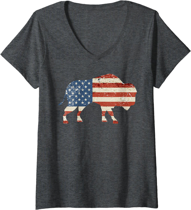 Buffalo USA American flag Bison 4th of July Women's Boys Bison American Flag Buffalo 4th of July Bison Men USA V-Neck