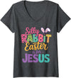 Women's Silly Rabbit Easter Is for Jesus Funny V-Neck T-Shirt in Dark Heather Grey