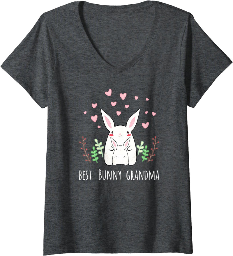 Women's Cute Bunny Grandma Rabbit Grandmother V-Neck T-Shirt in Dark Heather Grey