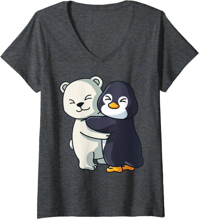 Penguin and Polar Bear Hug Antarctica Animals Womens Cute Polar Bear and Penguin Arctic Animal Lover Hugging V-Neck T-Shirt - Dark Heather Grey