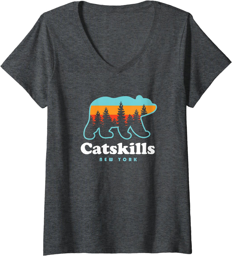 Catskill Mountains Womens Catskills NY Bear Mountains Camping Hiking New York V-Neck T-Shirt - Dark Heather Grey