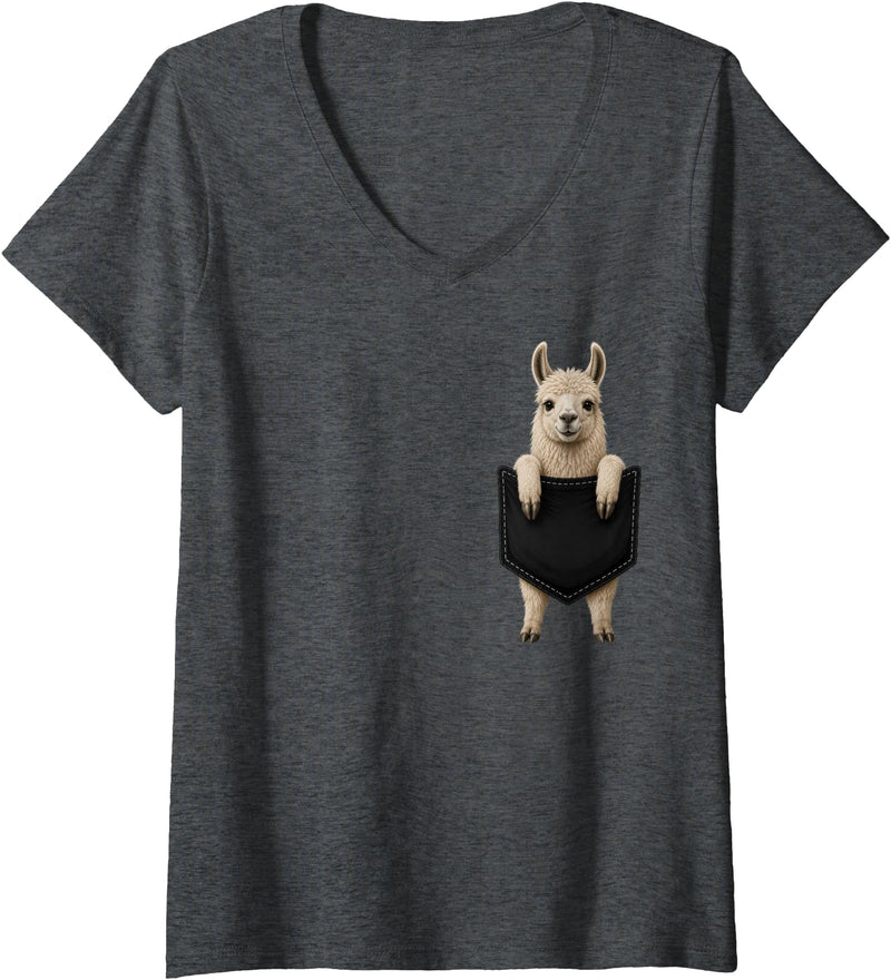 Funny Llama in Pocket Women's Llama Lover Cute Pocket V-Neck T-Shirt - Dark Heather Grey