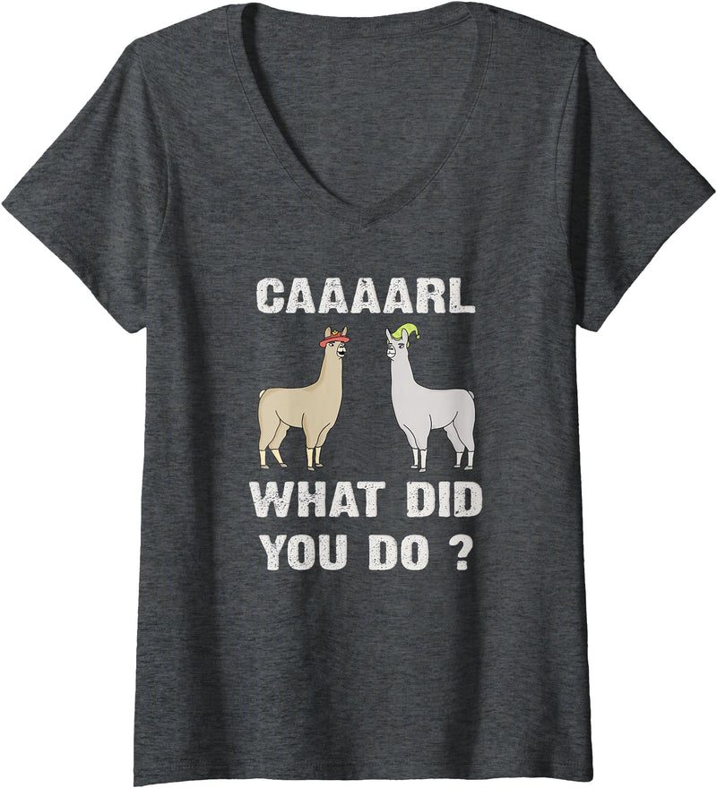 GenX Gear Women's Funny Llamas Carl What did You Do? CAAAARL with Hats Meme V-Neck T-Shirt - Dark Heather Grey