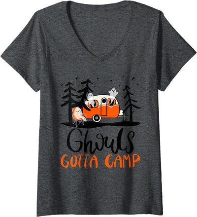 Mel F. Arts Womens Ghouls Gotta Camp | Funny Punny Halloween Ghost RV Camping V-Neck T-Shirt