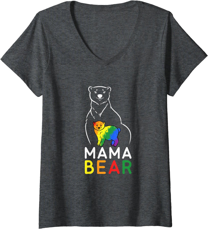 Pride Month Merch Gifts Women's LGBT Mama Bear Gay Pride Equal Rights Rainbow V-Neck T-Shirt - Dark Heather Grey