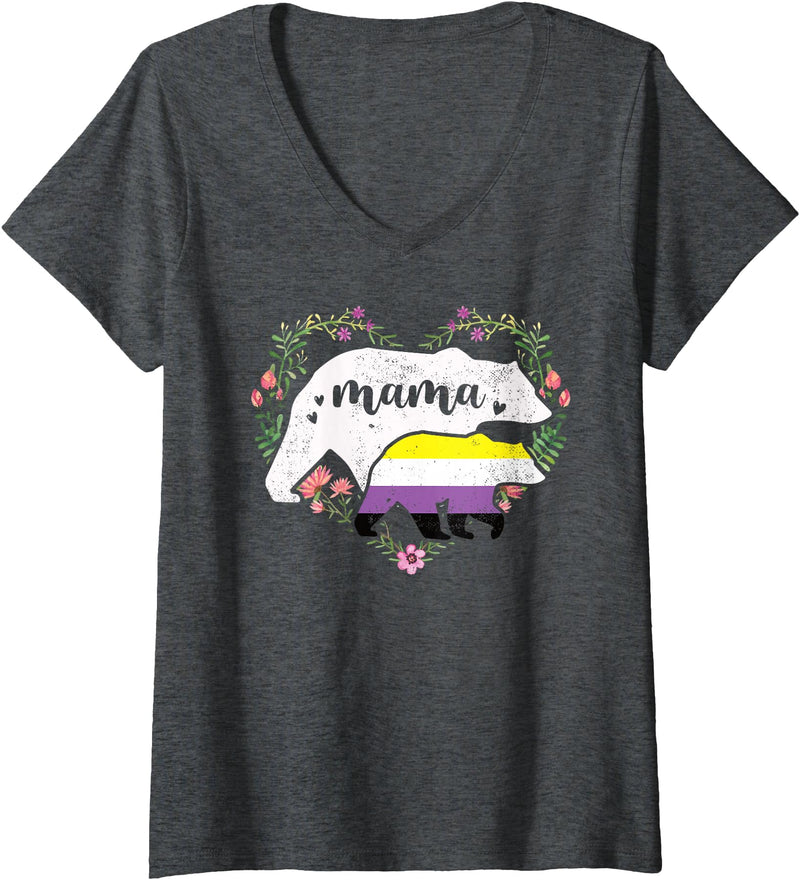 LGBT Non Binary Pride Shirt Mom Mama Bear for Moms Womens LGBTQ Mama Bear Non Binary Gay Equal Rights Rainbow V-Neck T-Shirt - Dark Heather Grey