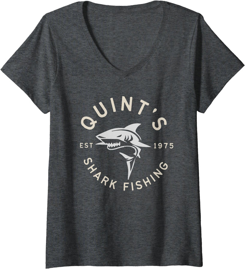 Funny Quints Shark Fishing Womens Vintage Quint's Shark Fishing 1975 Retro V-Neck T-Shirt - Dark Heather Grey