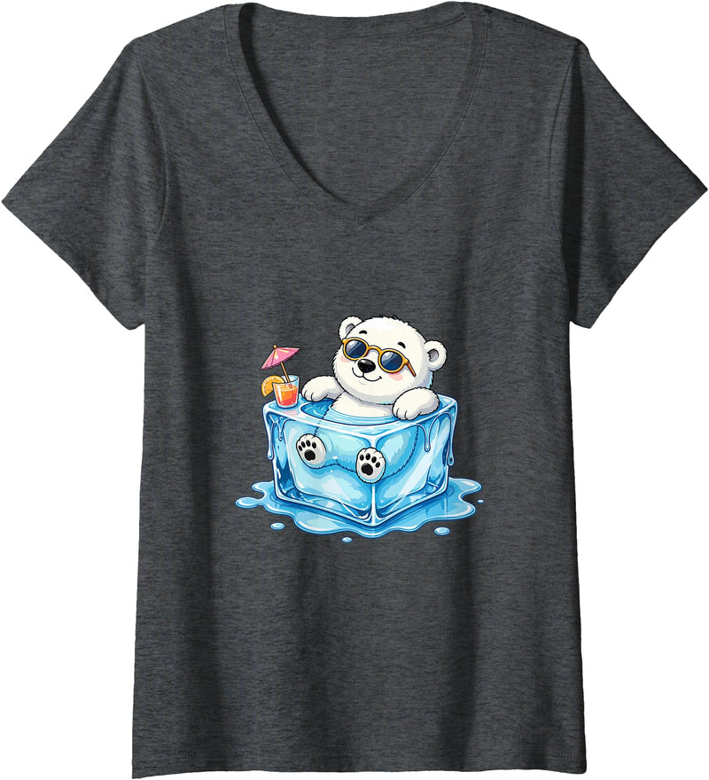 Cool Polar Bear Summer Ice Cube Vibes Women's Chill Polar Bear in Ice Cube Summer Mood V-Neck T-Shirt - Dark Heather Grey