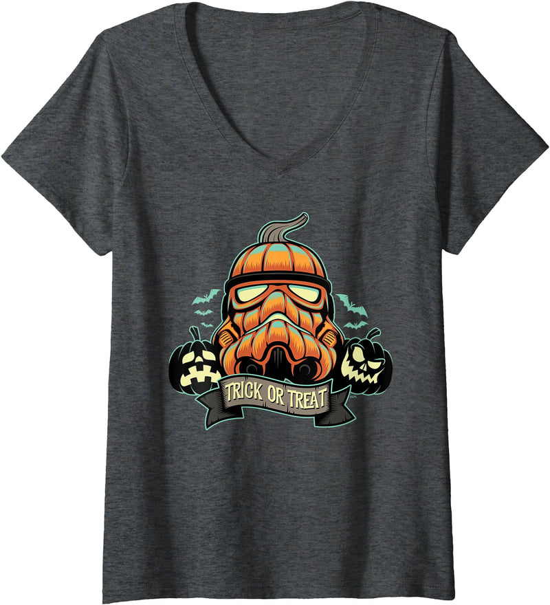 Womens Star Wars Halloween Stormtrooper Jack-o’-Lantern Pumpkin V-Neck T-Shirt - Dark Heather Grey