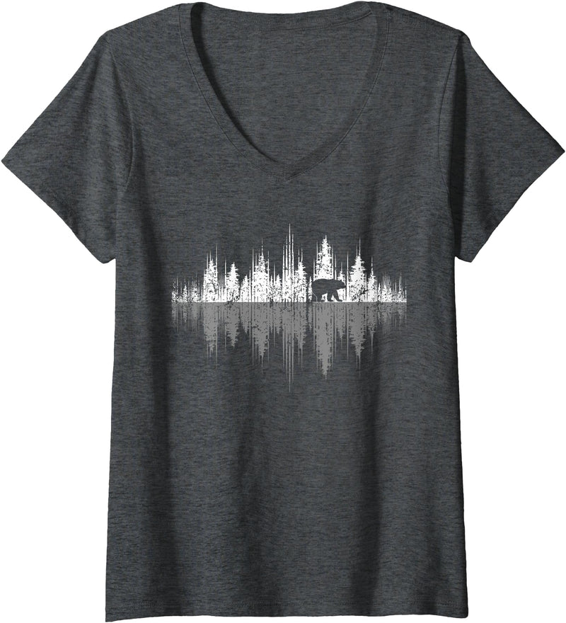 Outdoor Wild Retro Forest Gifts Womens Trees Reflection Wildlife Nature Animal Bear Outdoor Forest V-Neck T-Shirt - Dark Heather Grey