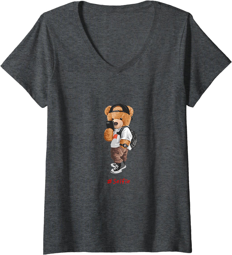 Bahaa's Tee Womens Men's Women's Kids Teddy Bear Graphic Cool Designs Funny V-Neck T-Shirt - Dark Heather Grey