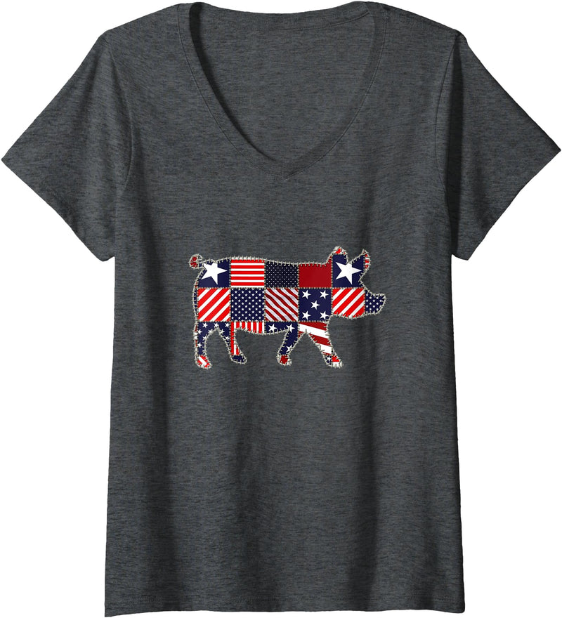 BeezTeez 4th July Animal Gift Ideas For Women Men Womens Pig Lover 4th of July Patchwork American Flag Women Girls V-Neck T-Shirt - Dark Heather Grey