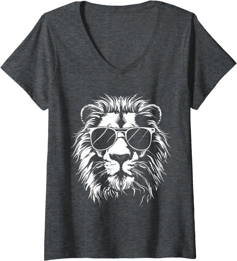 Älion. Womens Lion Sunglasses Graphic V-Neck T-Shirt - Dark Heather Grey