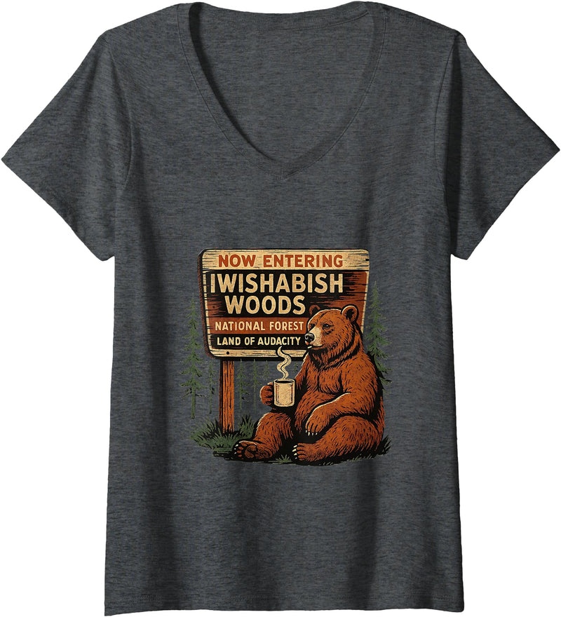 Funny Bear Woods Vintage Art Women's I Wish A Bish Woods Funny Bear Vintage Design V-Neck T-Shirt - Dark Heather Grey