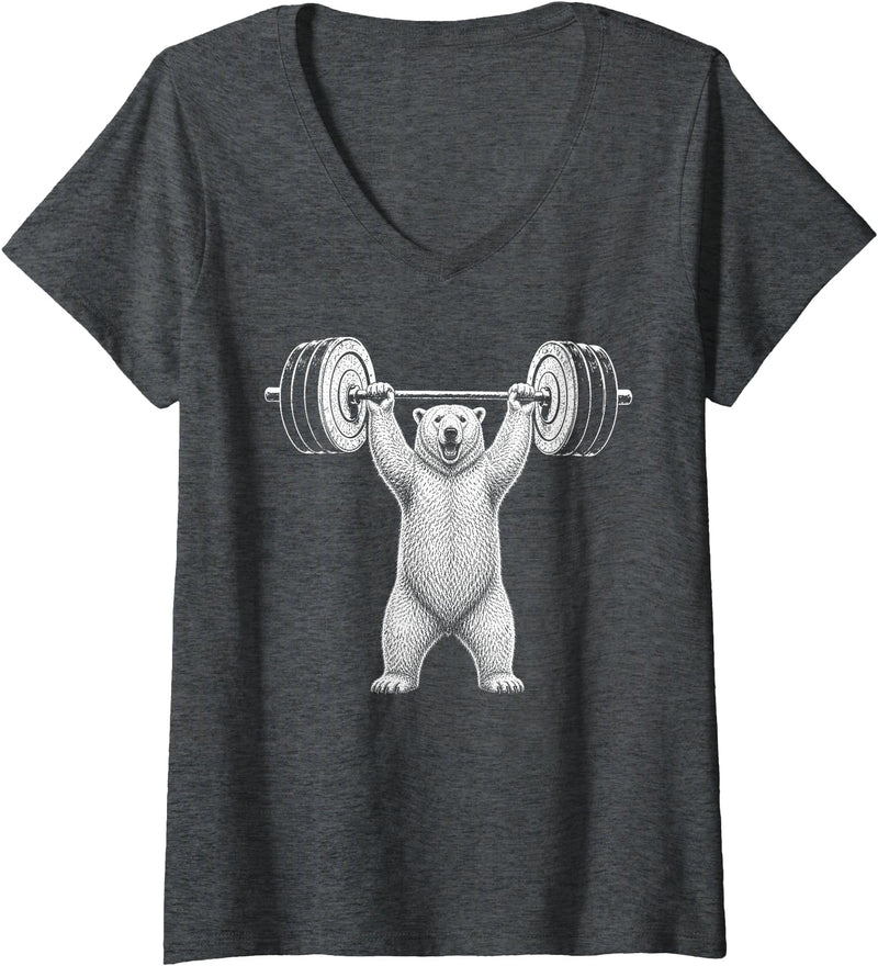 Funny Polar Bear Fitness Meme Women's Polar Bear Gym Deadlift Workout Weightlifting V-Neck T-Shirt - Dark Heather Grey