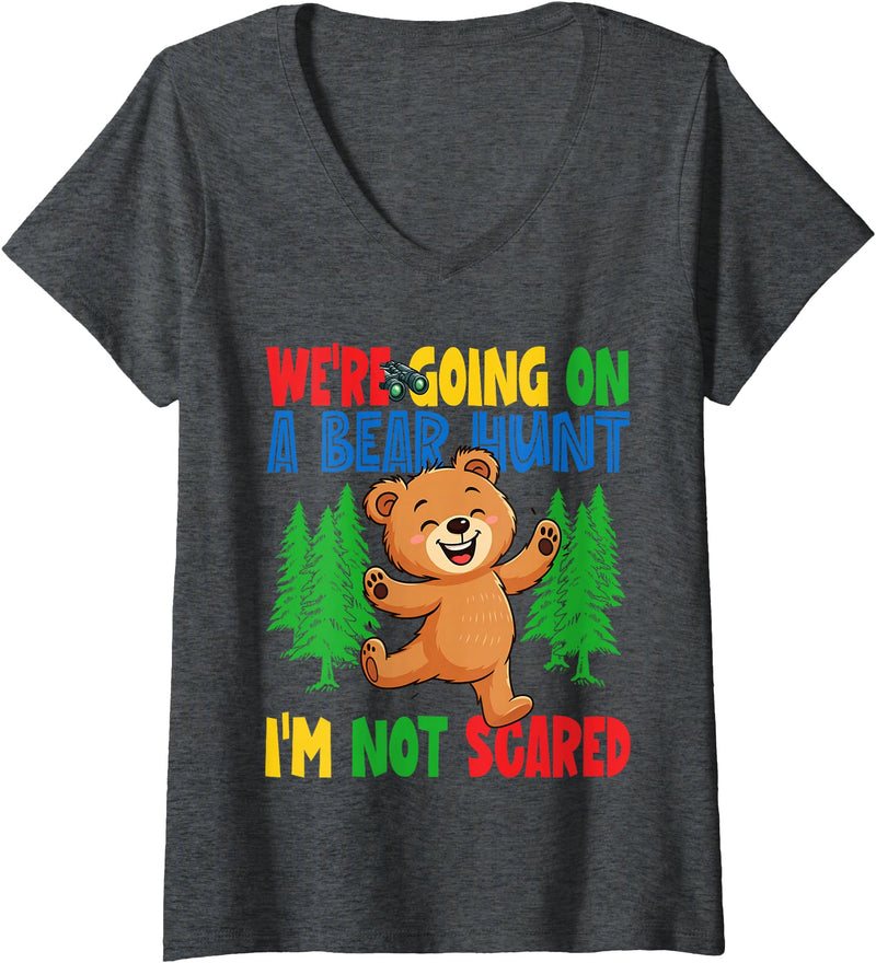 Cute Cartoon Bear Matching Family Outing for Kids Womens We're Going on a Bear Hunt I'm Not Scared Playful Kids Cute V-Neck T-Shirt - Dark Heather Grey