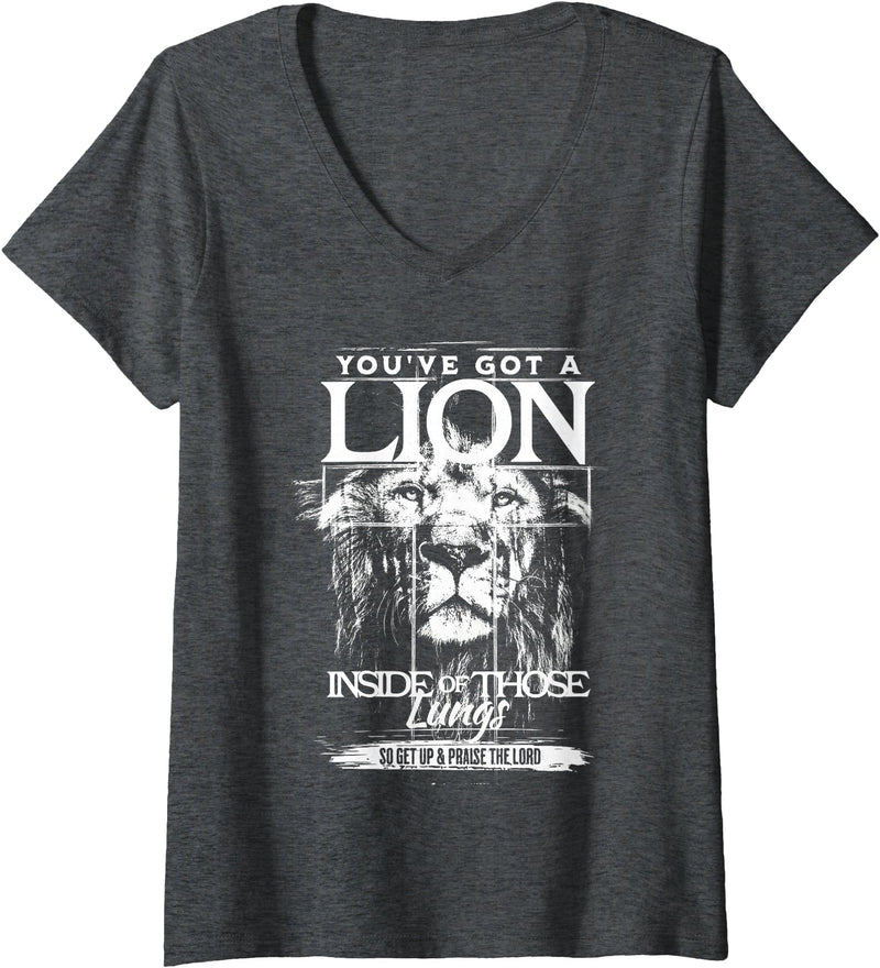 Lion in Lungs Christian Shirts & Gifts Womens You've Got a Lion Inside of Those Lungs Praise the Lord V-Neck T-Shirt - Dark Heather Grey