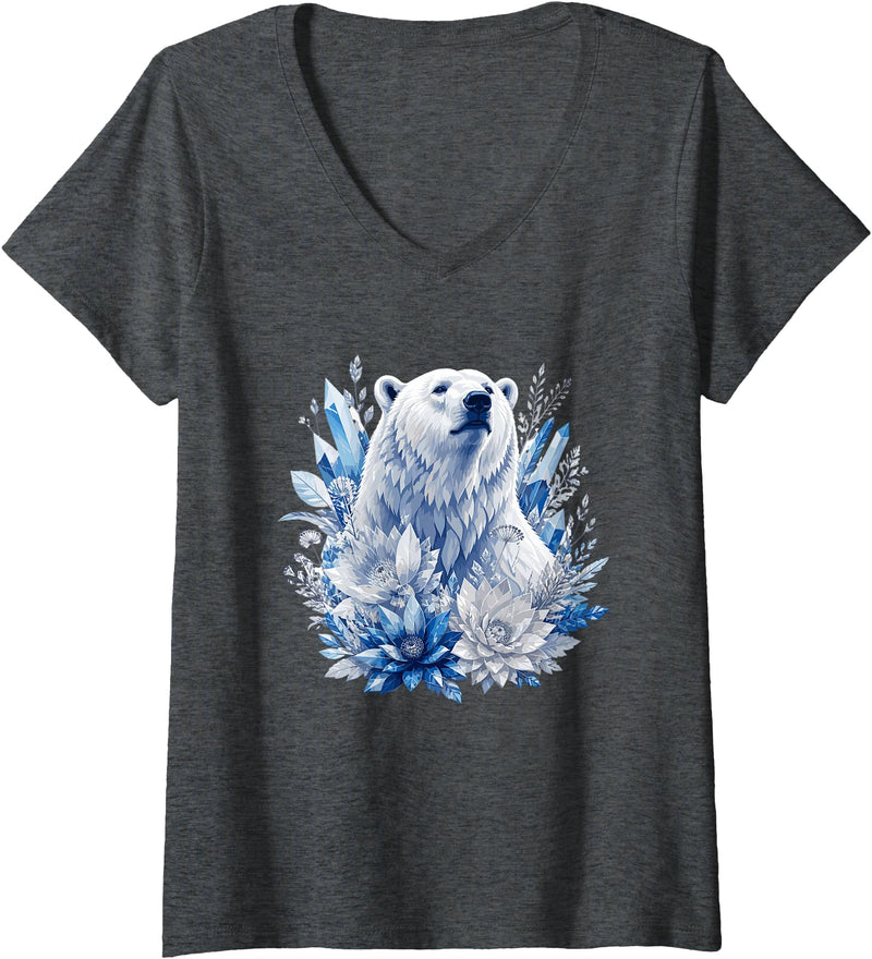 Arctic Polar Bear Crystal Flowers Nature Women's Majestic Arctic Polar Bear with Ice Flowers Fantasy V-Neck T-Shirt - Dark Heather Grey