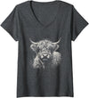 Highlander Cow Lover Theme Designs Womens Vintage Scottish Highland Cow Face Graphic Cattle Art Design V-Neck T-Shirt - Dark