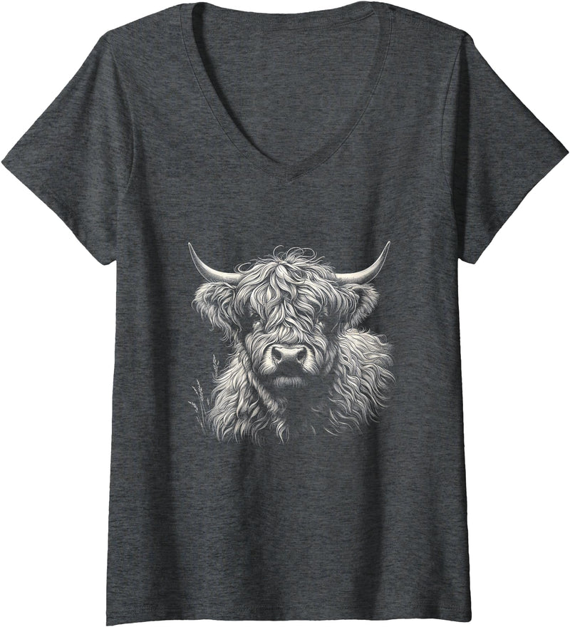 Highlander Cow Lover Theme Designs Womens Vintage Scottish Highland Cow Face Graphic Cattle Art Design V-Neck T-Shirt - Dark