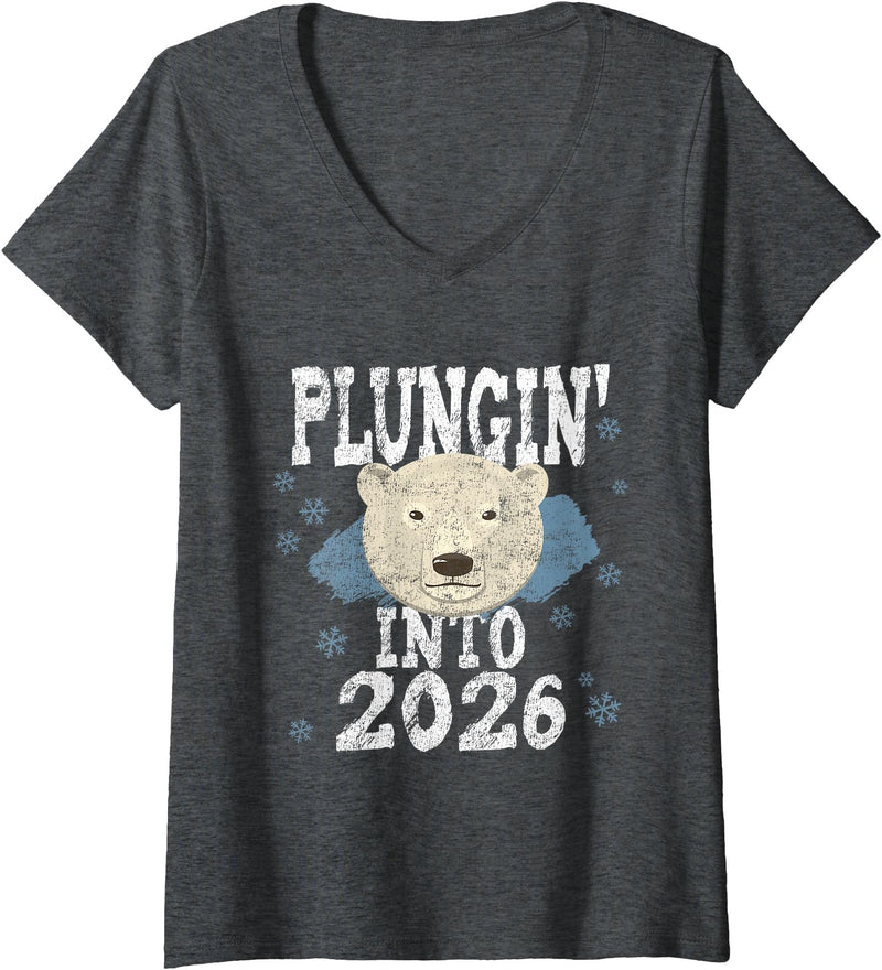 Take The Plunge Designs Womens Polar Bear Plunge - Plungin' Into 2026 New Year Cold Water V-Neck T-Shirt - Dark Heather Grey