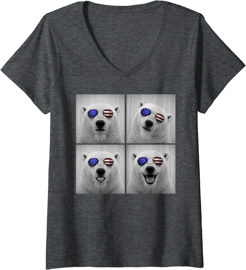 Retro Polar Bear USA July Fourth Photo Booth Women's Polar Bear 4th of July US American Flag Patriotic V-Neck T-Shirt - Dark Heather Grey