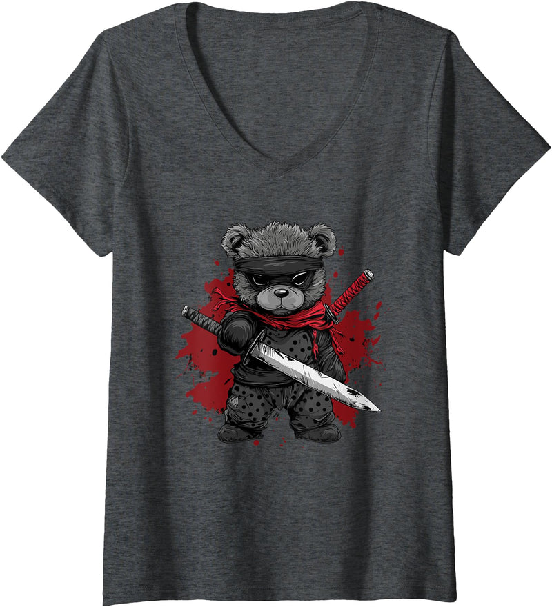 dark teddy bear love Womens Ninja Teddy Bear V-Neck T-Shirt - Dark Heather Grey