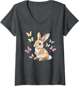 Womens Cute Easter Bunny Rabbit Butterfly V-Neck T-Shirt in Dark Heather Grey