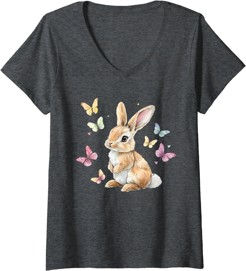 Womens Cute Easter Bunny Rabbit Butterfly V-Neck T-Shirt in Dark Heather Grey