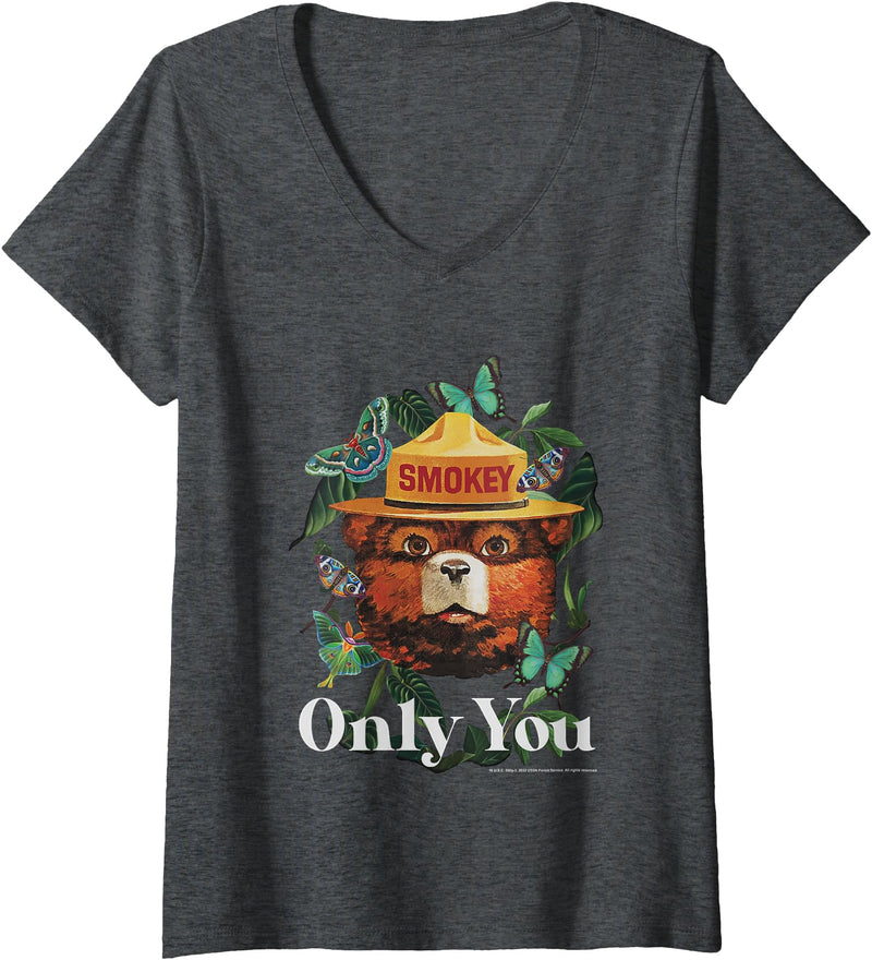 Womens Smokey Bear Only You Minimal Smokey Butterflies V-Neck T-Shirt - Dark Heather Grey