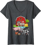 Farmer Funny Farm Animal Lover Gift Womens Donkey Pig Chicken Cow Agriculture Farm Animal V-Neck T-Shirt - Dark Heather Grey