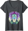 Lion Shirts JG Womens Lion Face Shirt Cool Zoo Animals V-Neck T-Shirt - Dark Heather Grey