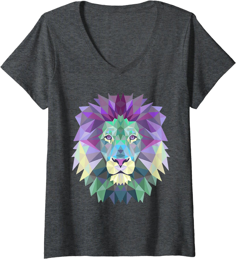 Lion Shirts JG Womens Lion Face Shirt Cool Zoo Animals V-Neck T-Shirt - Dark Heather Grey