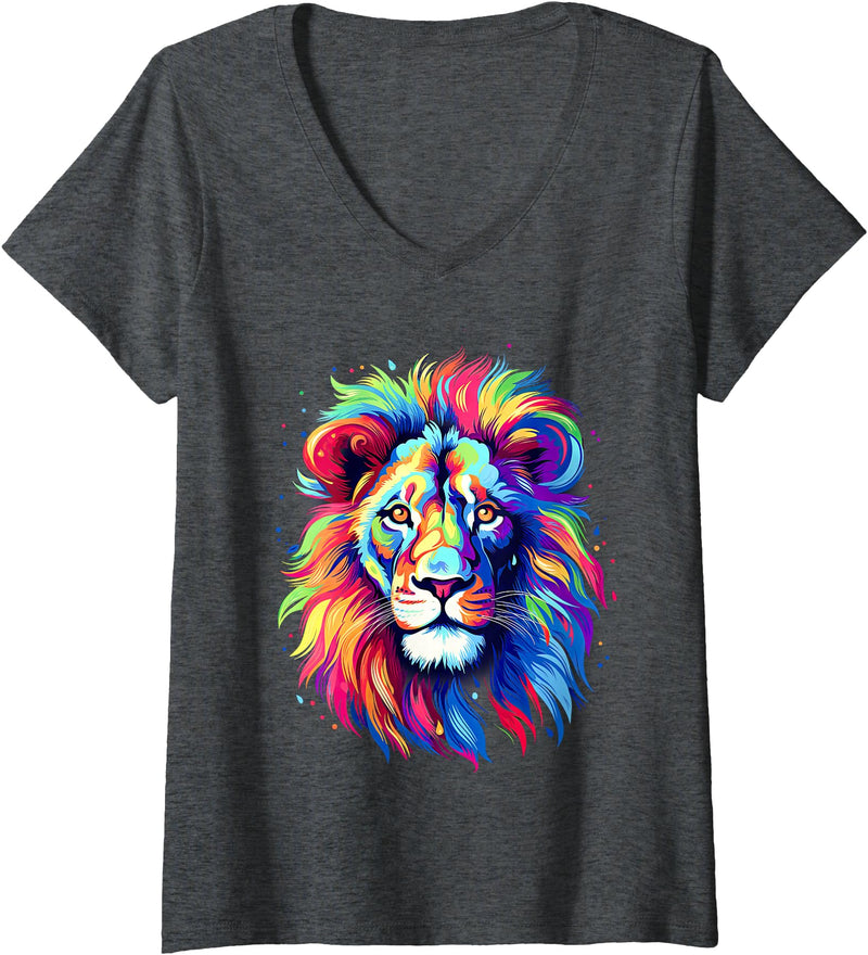 Colorful Lion, Graphic Design, Cool Lion Womens Colorful Lion Spirit Animal Multicolor Art Leo Lion V-Neck T-Shirt - Dark Heather Grey
