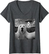 Retro Polar Bear Selfie with UFOs Meme Women's Polar Bear Selfie with UFO Alien Funny V-Neck T-Shirt - Dark Heather Grey