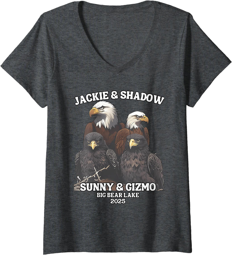 Jackie and Shadow Bald Eagle Family Tee Womens Jackie And Shadow Sunny And Gizmo Big Bear Lake 2025 V-Neck T-Shirt - Dark Heather Grey