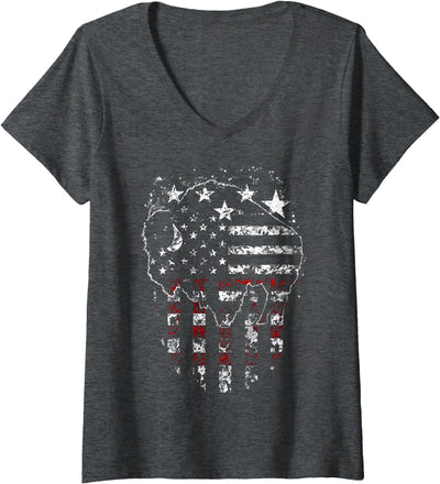 Bold Buffalo Silhouette with Distressed American Flag V-Neck T-Shirt