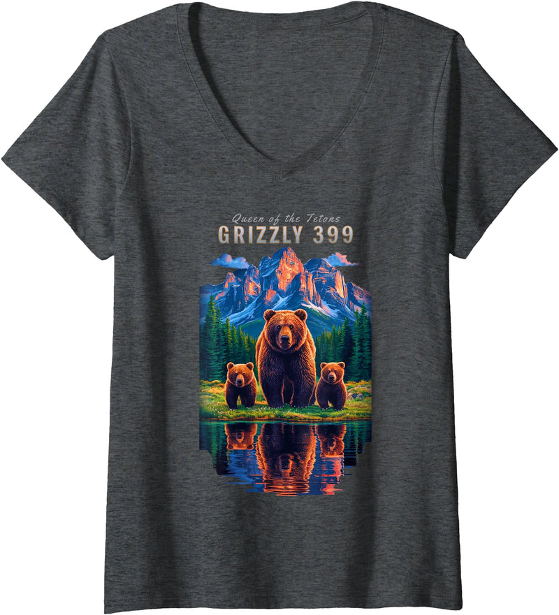 Wildlife Preserve Grand Teton Grizzly Bear Gifts Womens Grizzly 399 Bear Lovers Queen Of The Tetons National Park V-Neck T-Shirt - Dark Heather Grey