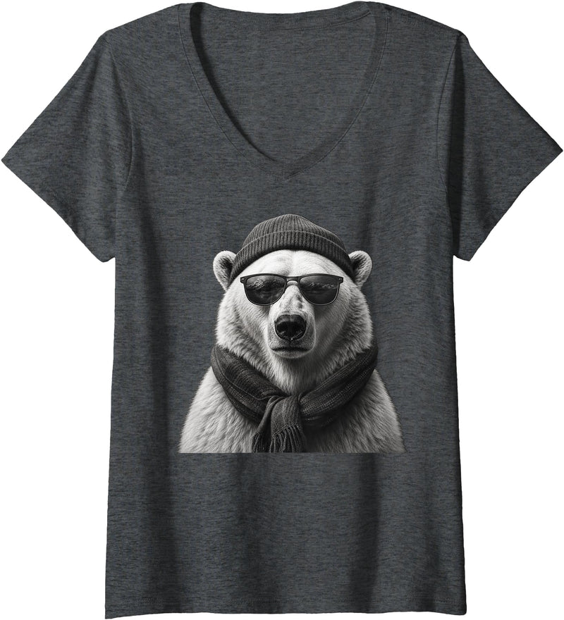 Polar Bear Enthusiast Women's Polar Bear in Sunglasses Monochrome Illustration V-Neck T-Shirt - Dark Heather Grey
