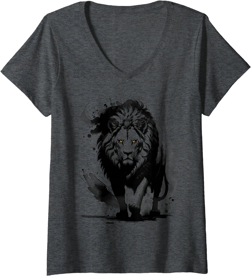 MyAnimal - Your Favourite Animal Wear Women's Stylish and Fashionable Lion Artistic Design V-Neck T-Shirt - Dark Heather Grey